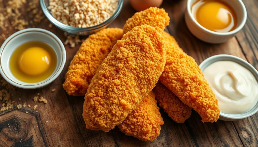 A close-up shot of freshly prepared breaded chicken tenders, known as "preparo frango empanado", on a rustic wooden surface. The chicken is golden-brown, with a crispy, crunchy coating that glistens under the soft, natural lighting. Surrounding the tenders are the key ingredients, including seasoned breadcrumbs, beaten eggs, and a small dish of the delivery brand's signature dipping sauce. The image conveys a homemade, appetizing atmosphere, perfectly capturing the "Ingredientes e Preparos Iniciais" section of the article.