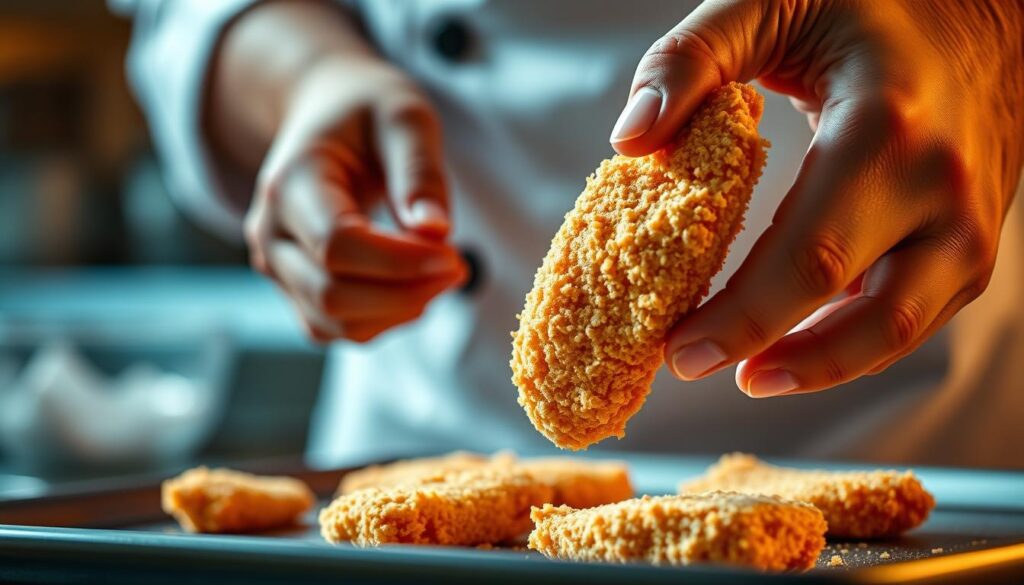 A close-up view of a chef's hands demonstrating the "técnica de empanagem dupla" (double breading technique) on chicken tenders. The chicken is coated in a light, crispy breading with a golden-brown hue, illuminated by warm, soft lighting that accentuates the delicate textures. The background is blurred, creating a focus on the hands and the food preparation process. The overall mood is one of culinary expertise and attention to detail, inviting the viewer to imagine the satisfying crunch and flavor of the homemade delivery chicken tenders.
