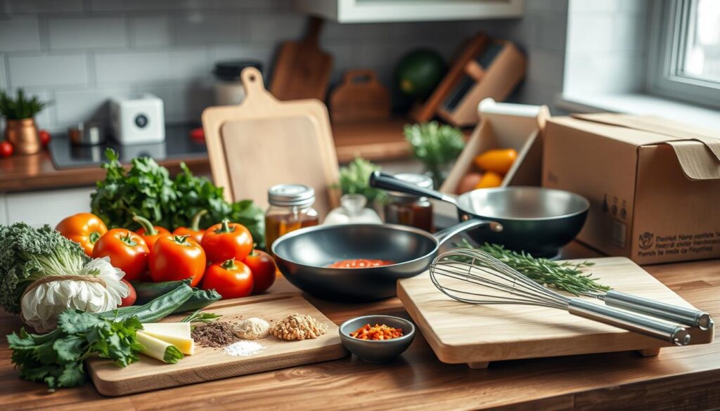 A well-lit kitchen countertop featuring an array of essential cooking ingredients and utensils, including fresh vegetables, spices, a cutting board, a skillet, a whisk, and a delivery box. The scene conveys a sense of culinary preparation and anticipation, with a warm, inviting atmosphere. The composition highlights the key elements needed to prepare a delectable meal, evoking the flavors and aromas of a home-cooked dish.